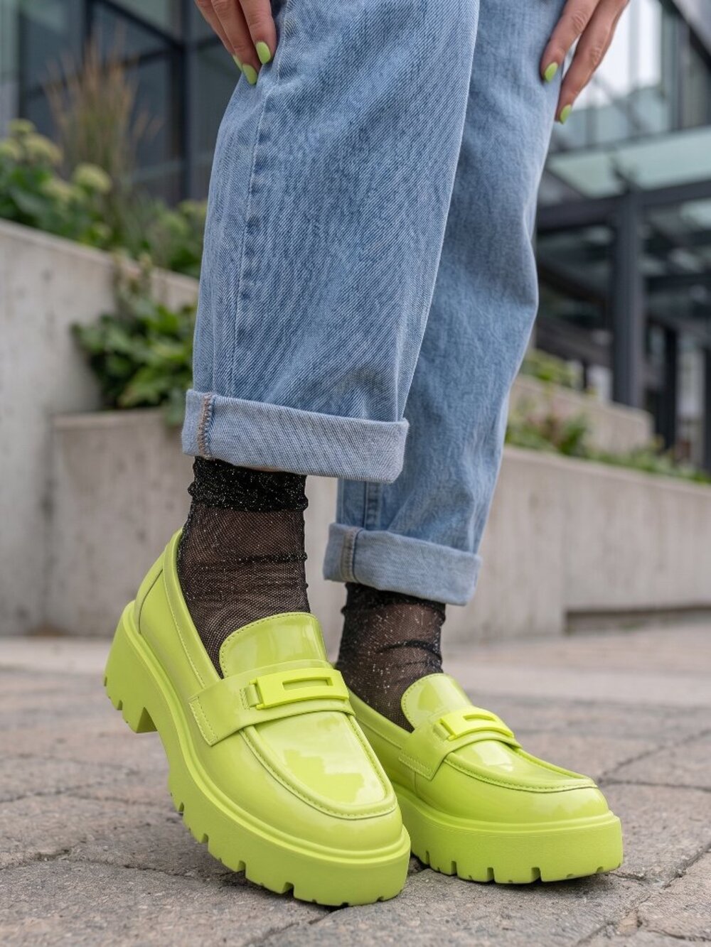 Call It Spring Izzy Neon Lime Platform Penny Loafers Chunky Lug Sole Sz 8